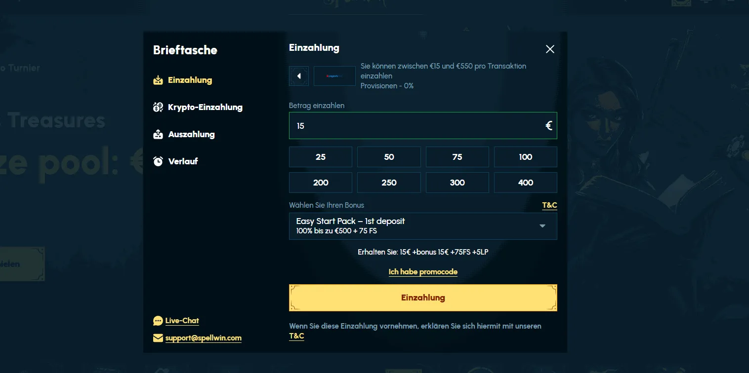 Paysafecard Einzahlung im Spellwin Casino