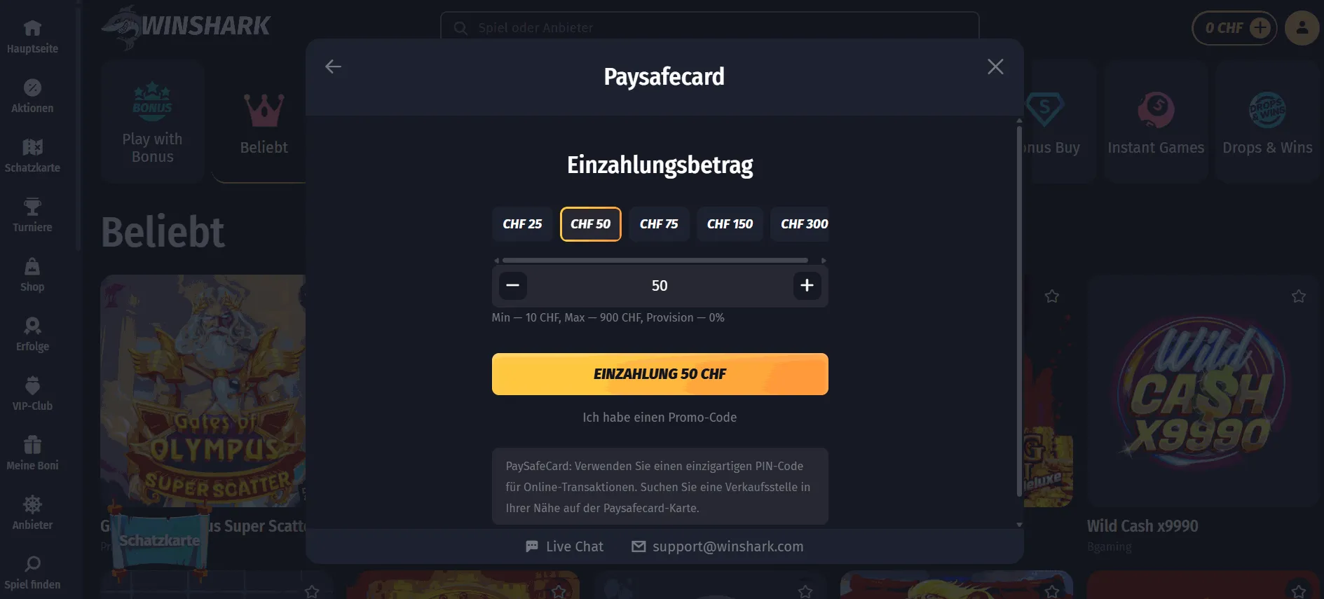 Paysafecard Einzahlung im Winshark Casino